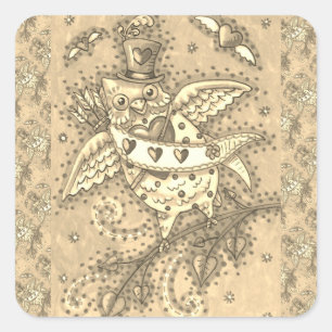 WHIMSICAL HOOTS N' HEARTS CUPID OWL VALENTINE SQUARE STICKER