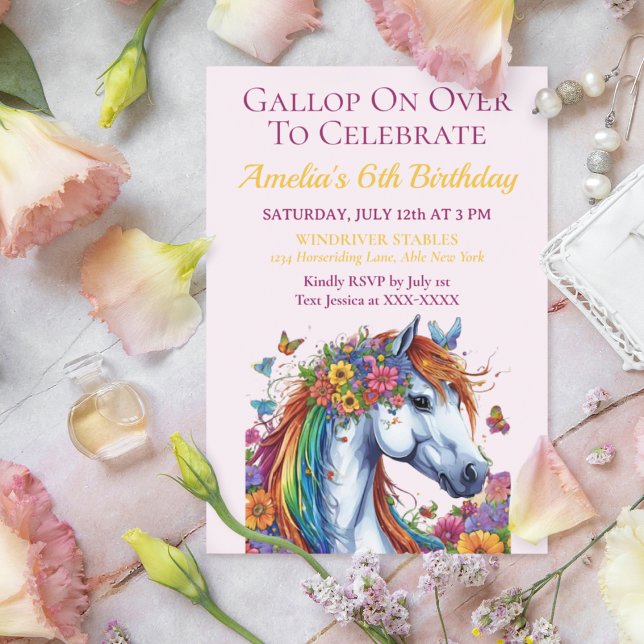 Whimsical Horse Floral Equestrian Birthday Invitation (Whimsical Floral Horse Birthday Invitation)