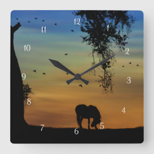 Whimsical Horse in Colourful Sunset with Birds Square Wall Clock