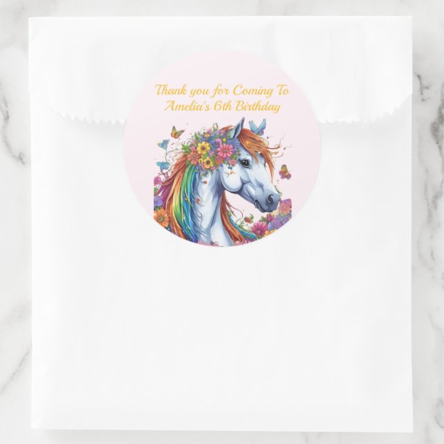 Whimsical Horse Rainbow Floral Equestrian Birthday Classic Round Sticker (Bag)