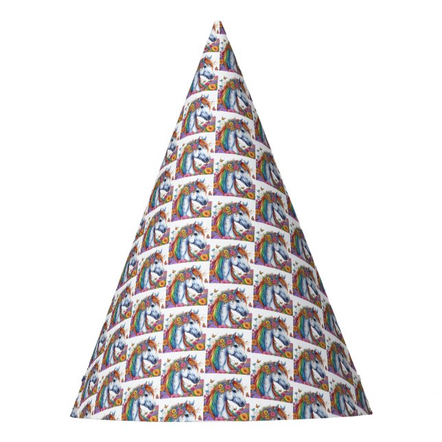 Whimsical Horse Rainbow Floral Equestrian Birthday Party Hat (Front)