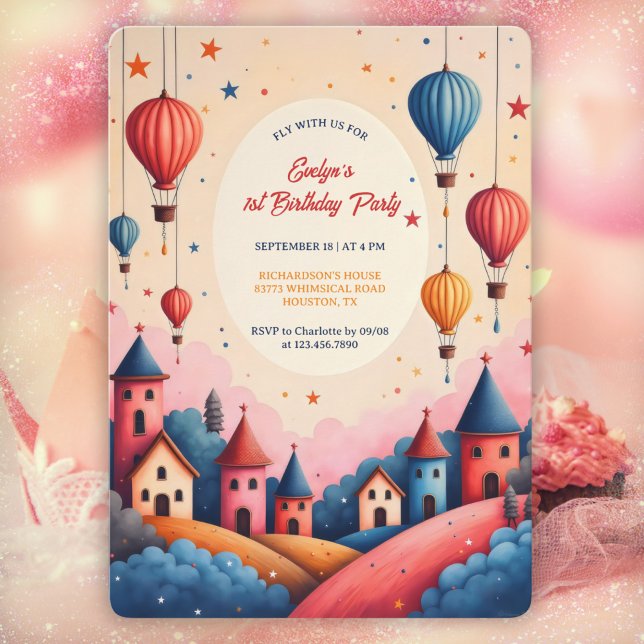 Whimsical Hot Air Balloon 1st Birthday Party Invitation (Whimsical Hot Air Balloon 1st Birthday Party Invitation  Personalized Girl’s Party Invite)