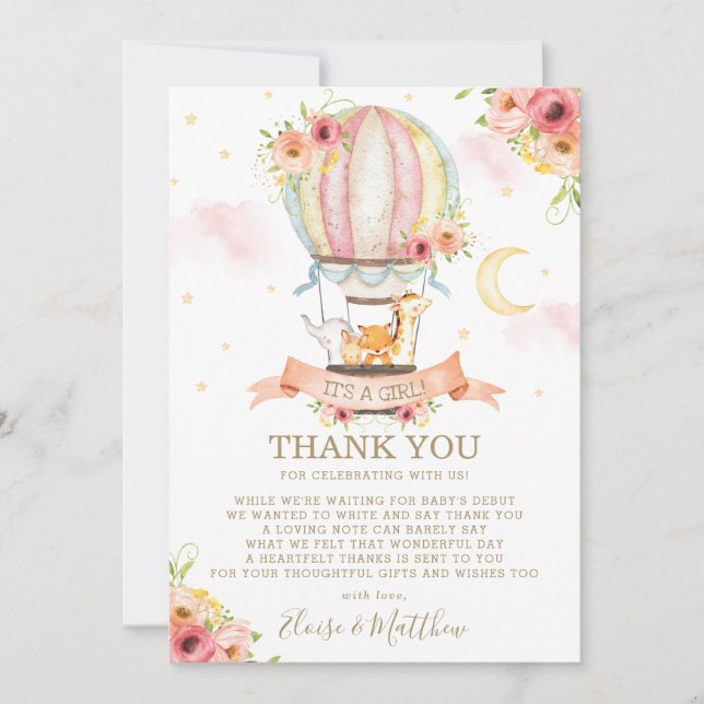 Whimsical Hot Air Balloon Cute Animals Baby Shower Thank You Card (Front)