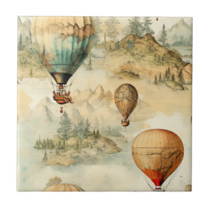 Whimsical Hot Air Balloon Mountain Map Ceramic Tile