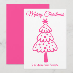 Whimsical Hot Pink Hand Drawn Christmas Tree Holiday Card