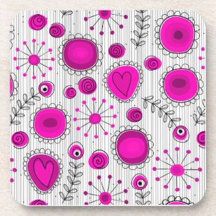 Whimsical hot pink white hearts and flowers floral coaster