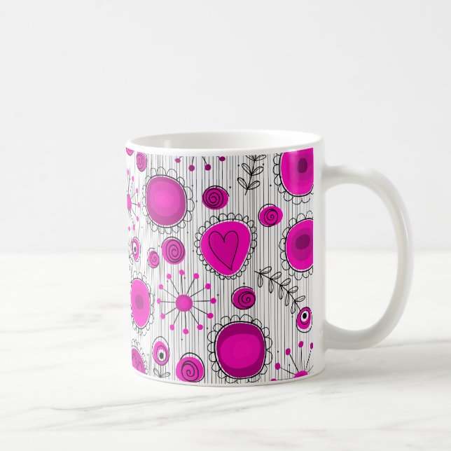 Whimsical hot pink white hearts and flowers floral coffee mug (Right)