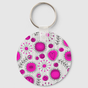 Whimsical hot pink white hearts and flowers floral key ring