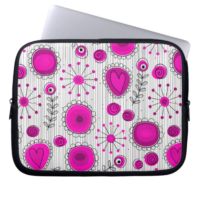 Whimsical hot pink white hearts and flowers floral laptop sleeve (Front)