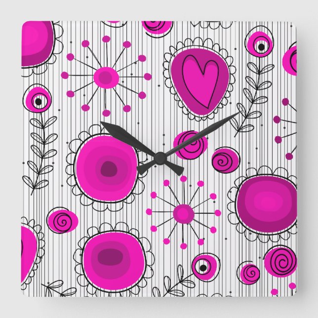 Whimsical hot pink white hearts and flowers floral square wall clock (Front)
