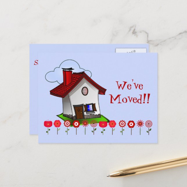 Whimsical House and Flowers "We've Moved" Postcard (Front/Back In Situ)