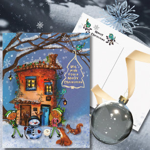 Whimsical House and Winter Woodland Friends Holiday Postcard