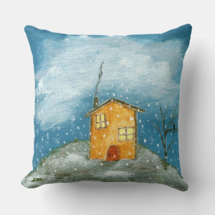 Whimsical House Snowstorm Tree Folk Art Painting Cushion