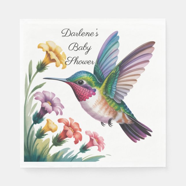 Whimsical Hummingbird Floral Baby Shower Napkin (Front)