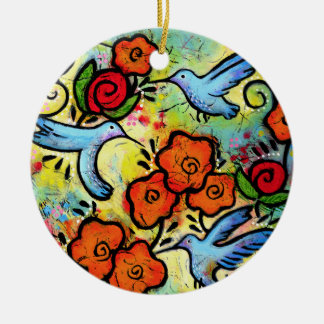 Whimsical Hummingbird Garden Colourful Bird Ceramic Ornament
