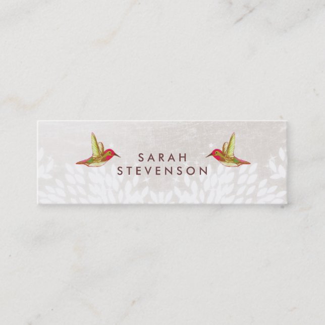 Whimsical Hummingbird in White Leaves Creative Mini Business Card (Front)
