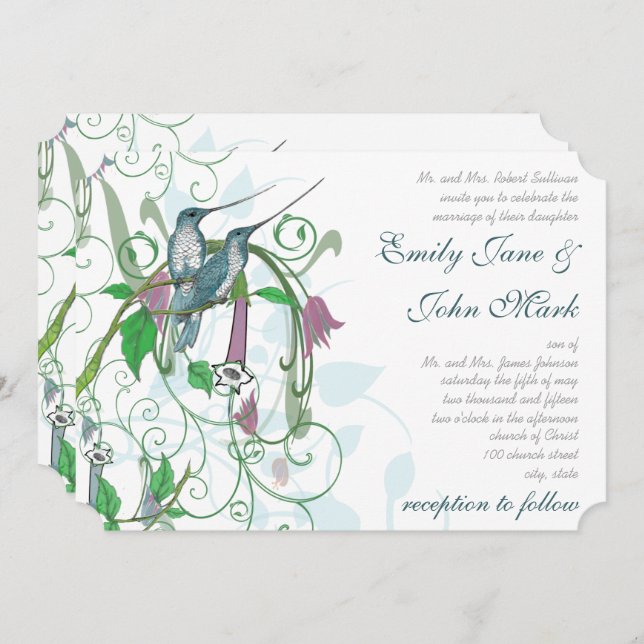 Whimsical Hummingbirds Wedding Invitation #2 (Front/Back)