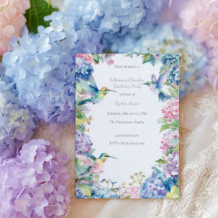 Whimsical Hummingbirds with Hydrangeas Birthday Invitation