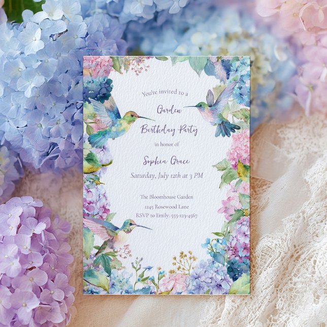 Whimsical Hummingbirds with Hydrangeas Birthday Invitation (Creator Uploaded)