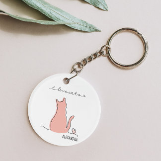 Whimsical I Love Cats Silhouette Custom Name Key Ring