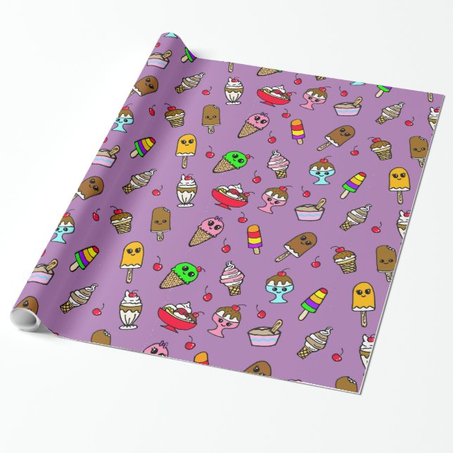 Whimsical Ice Cream and Cherries Birthday Wrapping Paper (Unrolled)