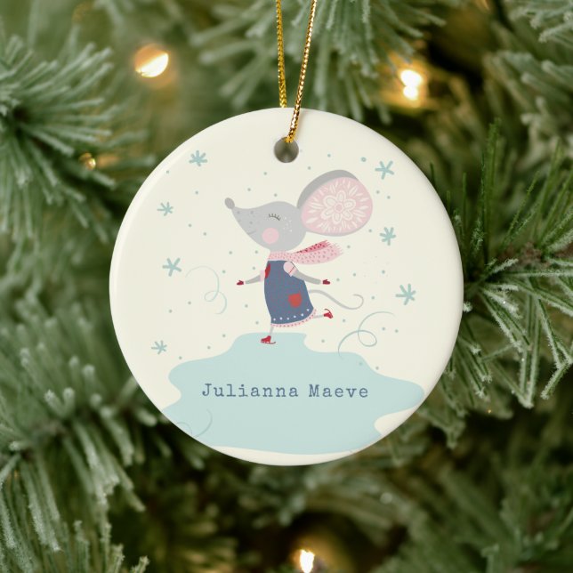 Whimsical Ice Skater Mouse Holiday Name Custom Ceramic Ornament (Tree)
