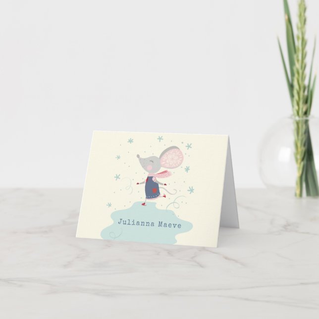 Whimsical Ice Skater Mouse Holiday Name Custom Note Card (Front)