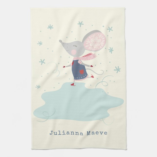 Whimsical Ice Skater Mouse Holiday Name Custom Tea Towel (Vertical)