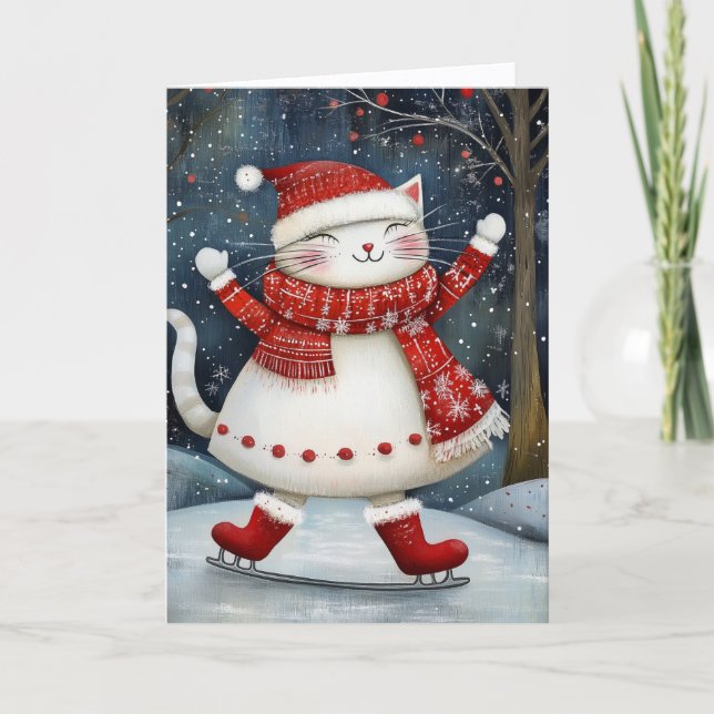 Whimsical Ice Skating Cat Christmas Holiday Card (Front)