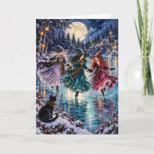 Whimsical Ice Skating Witches Creepmas Holiday Card