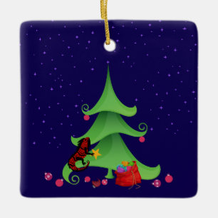 *Whimsical Iguana Oh Christmas Tree  Ceramic Ornament