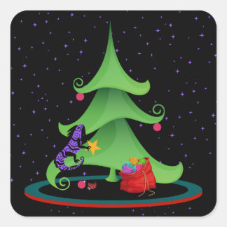 Whimsical Iguana Oh Christmas Tree Square Sticker