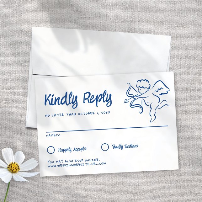 Whimsical Illustrated Blue Handdrawn Cupid Wedding RSVP Card (Creator Uploaded)