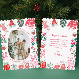 Whimsical Illustrated Colorful Christmas Photo Holiday Card