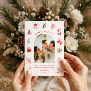 Whimsical Illustrated Colorful Christmas Photo Holiday Card