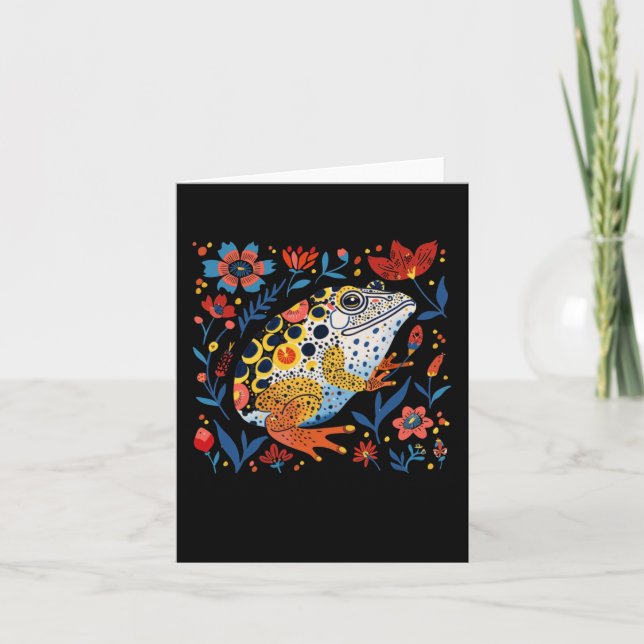 Whimsical Illustrated Frog With Vibrant Floral Bac Card (Front)