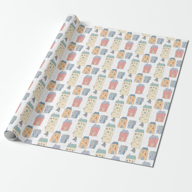 Whimsical Illustrated Houses Wrapping Paper (Unrolled)