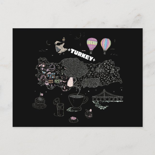 Whimsical Illustrated Map of Turkey Travel Postcard (Front)