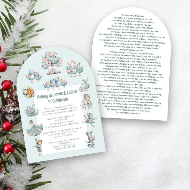 Whimsical Illustration 12 Days of Christmas Blue Invitation (Front and back view)