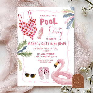 Whimsical Illustration Girl Pool Party Invitation