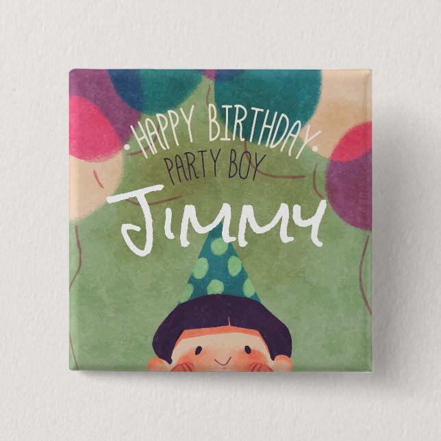 Whimsical Illustration Happy Birthday Party Boy 15 Cm Square Badge (Front)