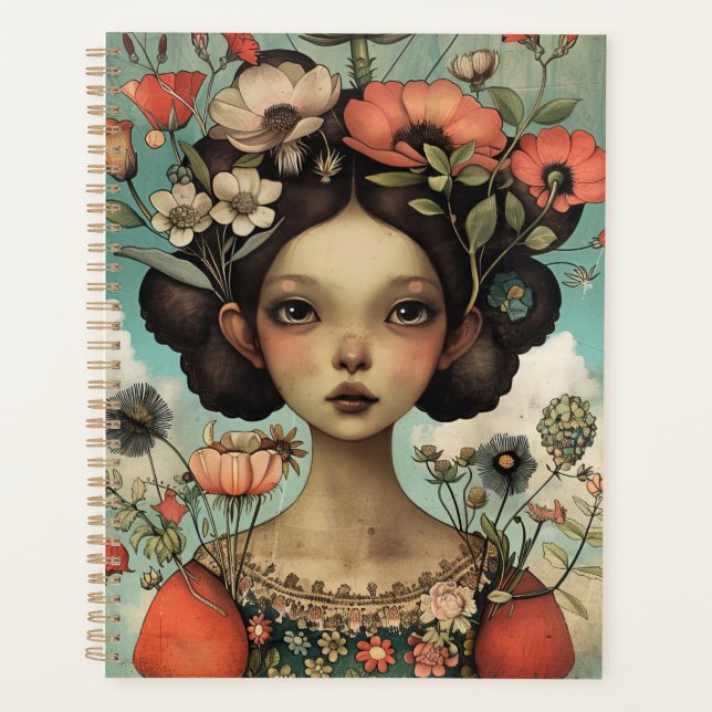 Whimsical Illustration Lady and Flowers  Planner (Front)