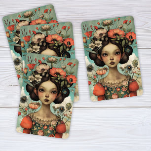 Whimsical Illustration Lady with Flowers Playing Cards