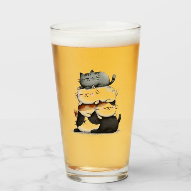 Whimsical Illustration of a Stack of Adorable Cats Glass (Front Filled)