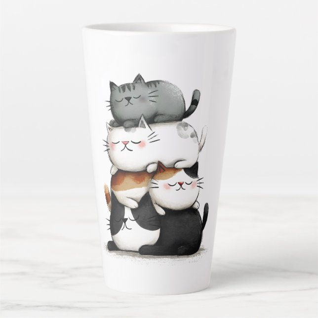 Whimsical Illustration of a Stack of Adorable Cats Latte Mug (Front)
