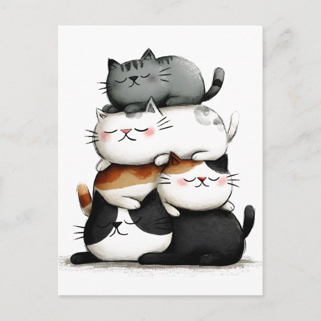 Whimsical Illustration of a Stack of Adorable Cats Postcard (Front)