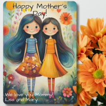 Whimsical illustration of two girls Mother’s Day