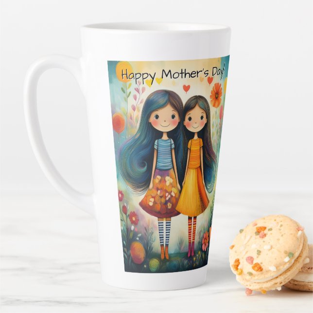 Whimsical illustration of two girls Mother’s Day Latte Mug (In Situ)