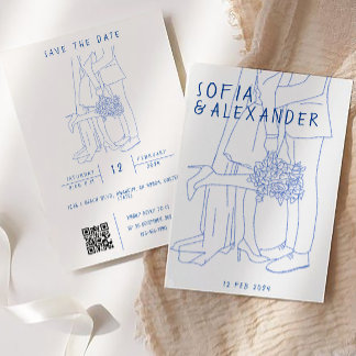 Whimsical Illustration With QR Code RSVP Wedding Invitation