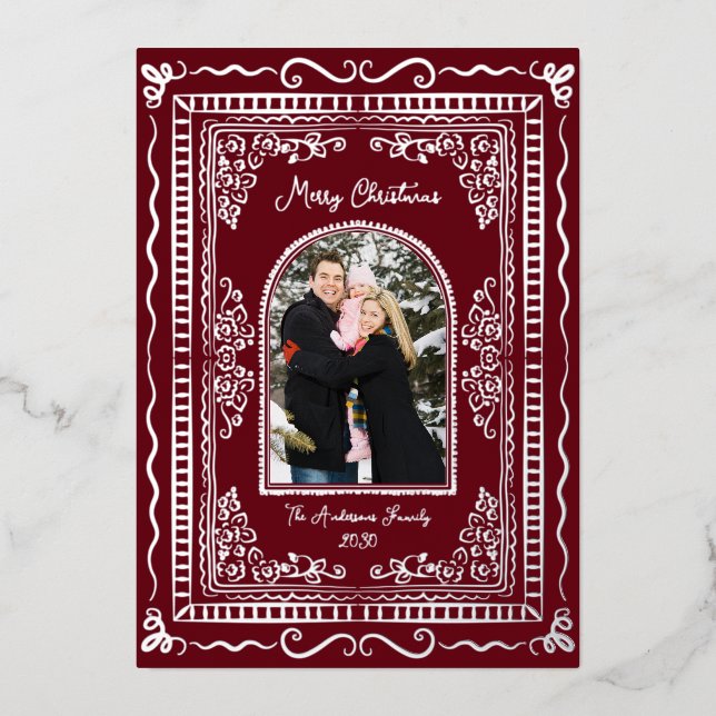 Whimsical Illustrative Christmas Five Photo Foil Holiday Card (Front)